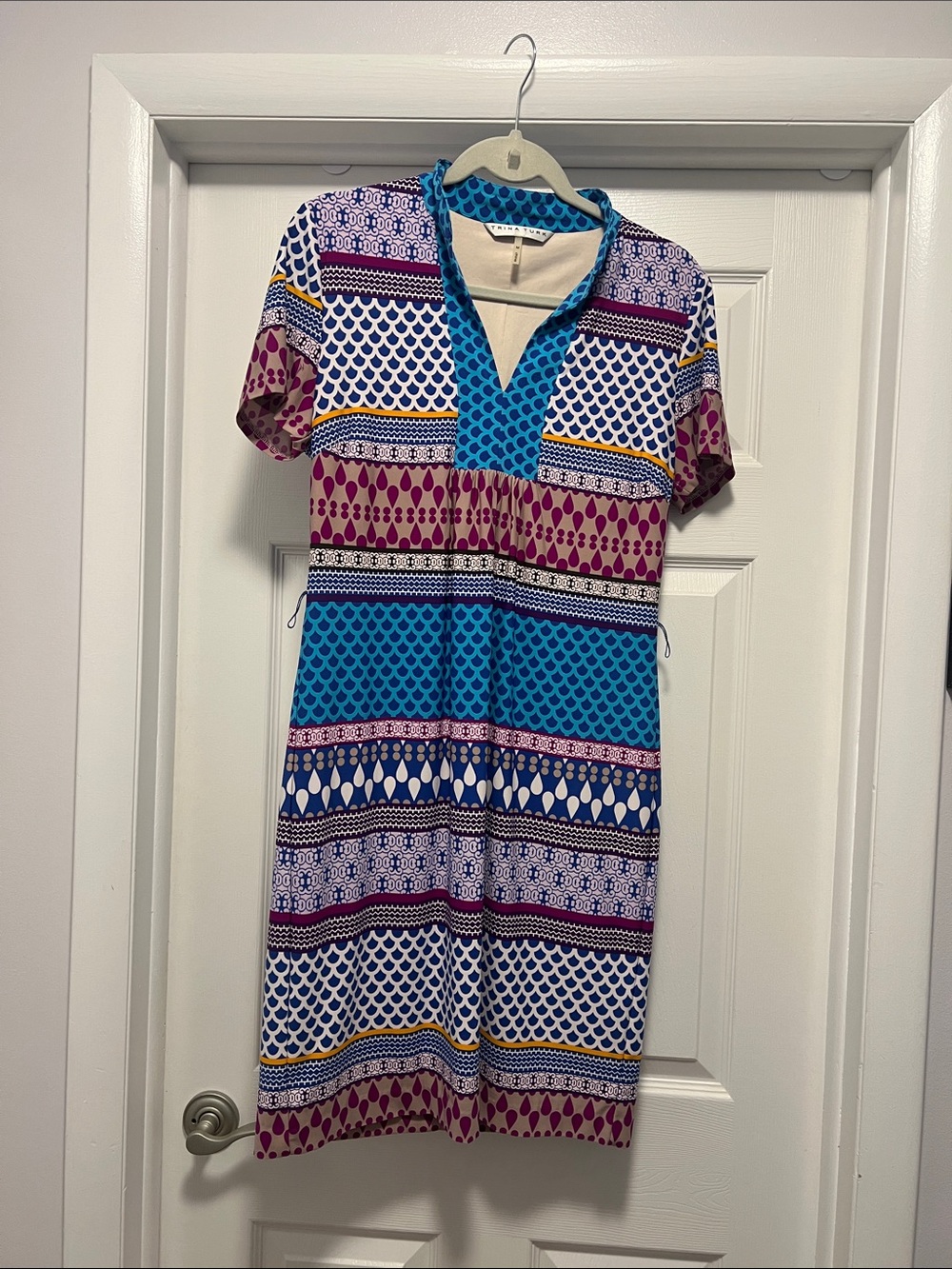 Trina Turk Blue, Purple & White Printed V-Neck Dress